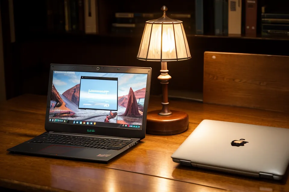 Laptop mit einem Eltern-Onlinekurs zur Trotzphase auf dem Tisch am Abend