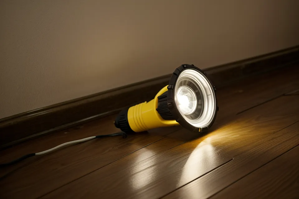 Kindertaschenlampe auf dem Boden wirft lange tanzende Schatten bei Angst im Dunkeln im Kinderzimmer