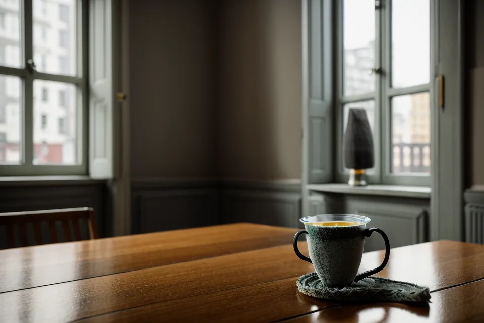 Eine kalte Tasse Tee neben einem Stück getrockneter Knete auf einem Holztisch – Alltagsbild einer alleinerziehenden Mutter in der Trotzphase.