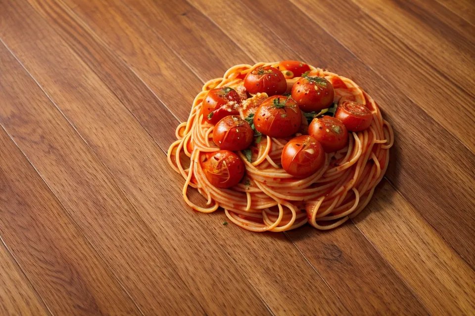 Nahaufnahme von Nudeln mit Tomatensoße auf dem Parkettboden – typisches Chaos der Trotzphase am Esstisch