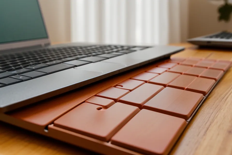 Laptop-Tastatur mit Saftfleck neben einem französischen Roman – Homeoffice-Alltag einer alleinerziehenden Mutter in der Trotzphase
