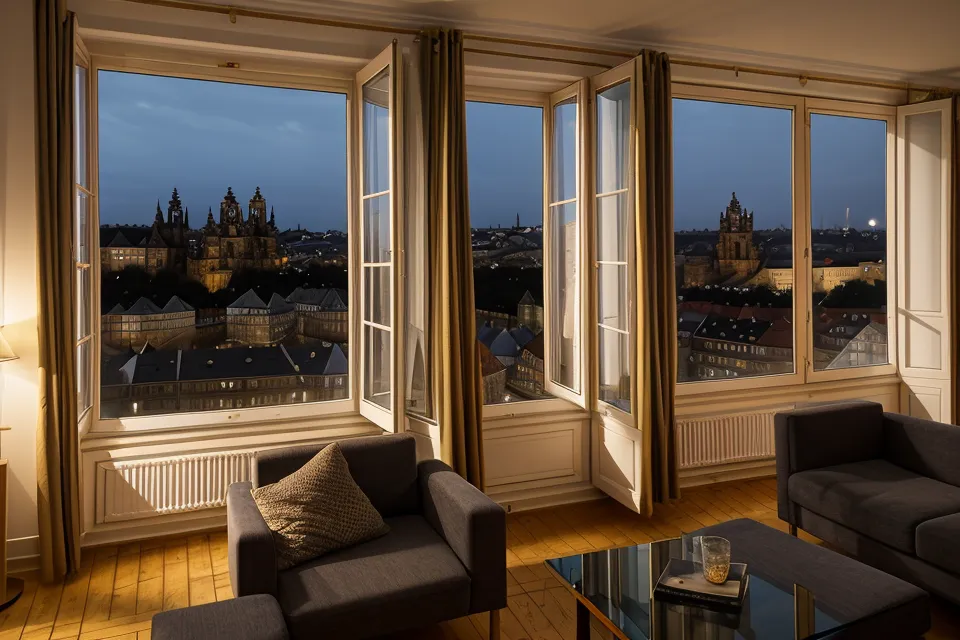 Blick aus dem Fenster einer Altbauwohnung in der Dresdner Neustadt auf beleuchtete Nachbarwohnungen – nächtliche Gedanken einer alleinerziehenden Mutter.