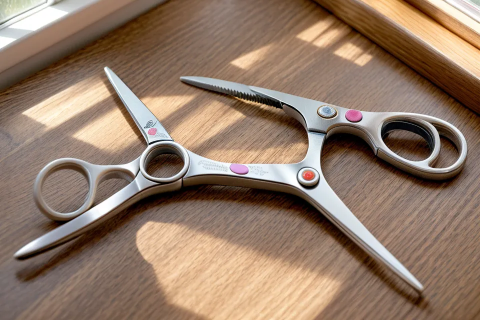 Kinderschere und Haarbürste auf dem Tisch vor dem Friseurtermin mit einem trotzigen Kleinkind