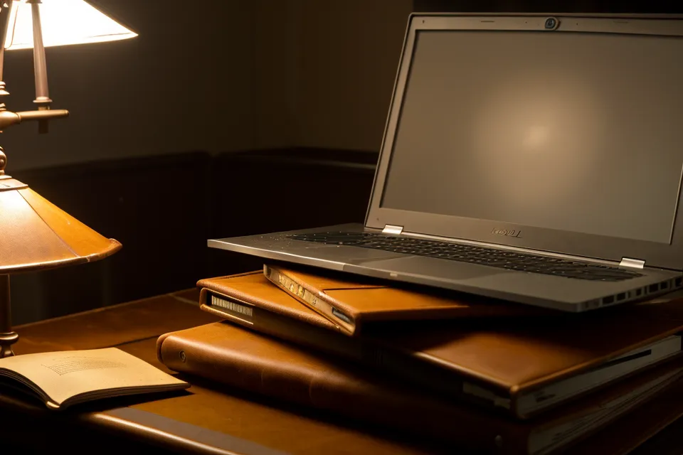 Laptop mit dem Online-Kurs Konfliktleichtigkeit neben französischen Romanen auf dem Arbeitstisch der Übersetzerin