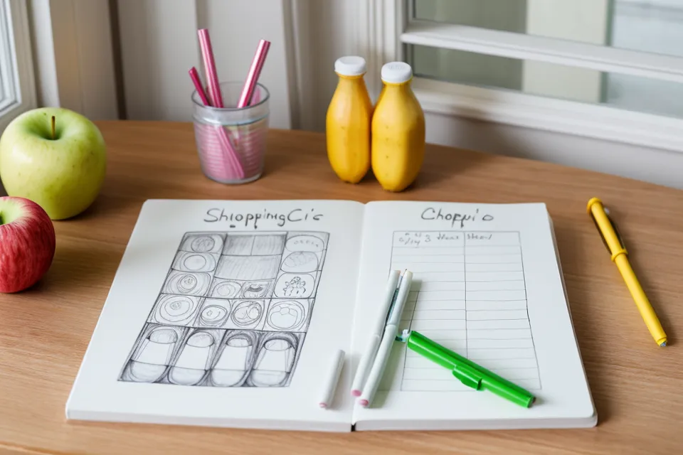 Eine handgemalte Einkaufsliste für ein Kleinkind mit Obstmotiven als kleines Werkzeug gegen Machtkämpfe beim Einkaufen mit Kind