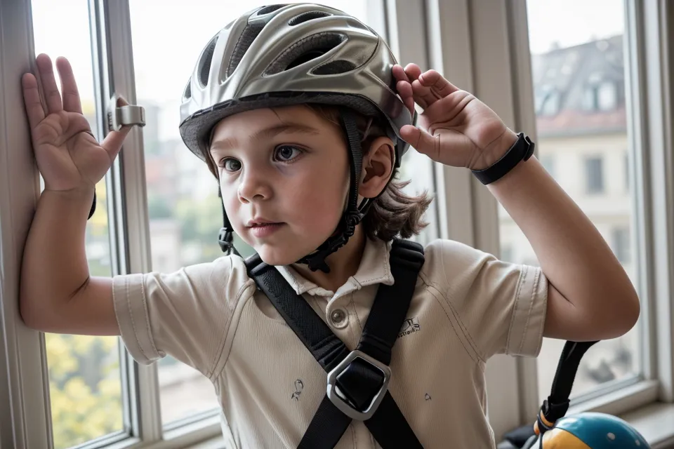Kindersicherheit im Alltag: Kinderhand greift nach dem Verschluss des Fahrradhelms