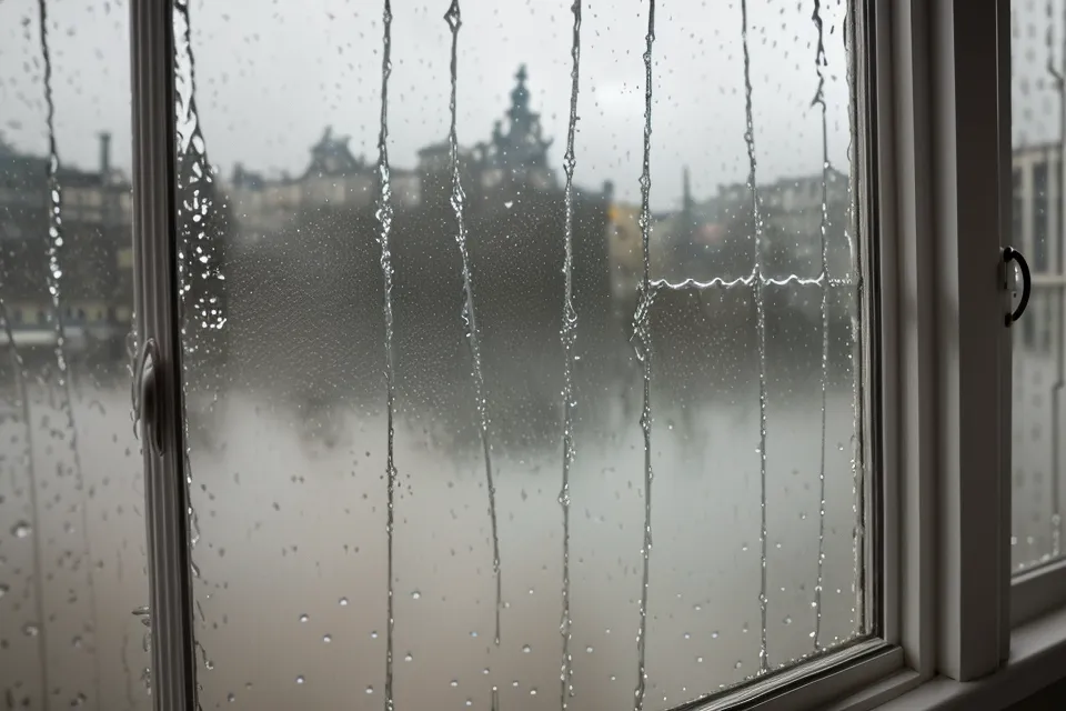 Regennasses Fenster mit Blick auf eine Straße in Dresden-Neustadt im grauen Eltern-Alltag