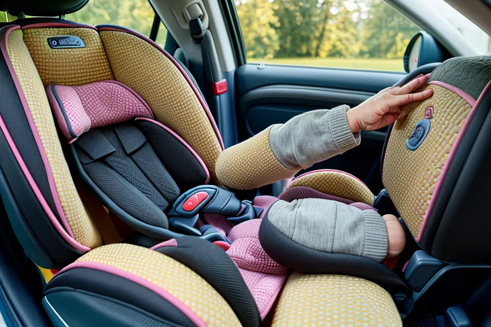 Nahaufnahme eines Kindersitzes im Auto während der Trotzphase, mit einem vergessenen Spielzeug auf dem Boden.