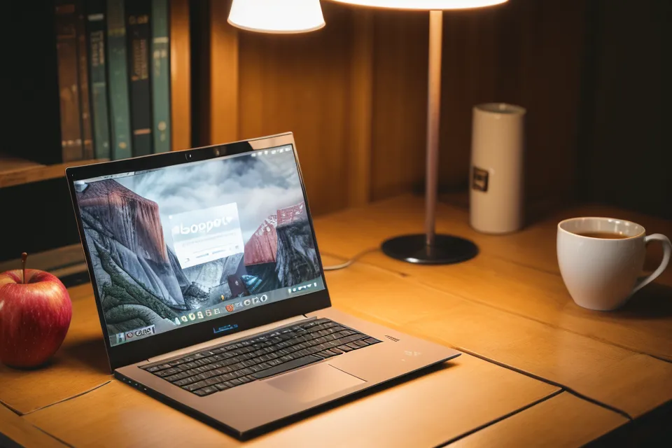 Laptop mit Elternförderprogramm-Modulen neben französischen Romanen auf dem Übersetzer-Schreibtisch