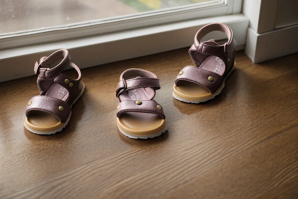 Kindersandalen liegen verlassen auf dem Parkett – typische Szene, wenn ein Kleinkind in der Trotzphase keine Schuhe anziehen will.