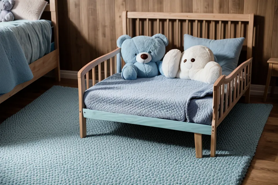 Dunkles Kinderzimmer bei Nachtschreck in der Trotzphase, Teddybär liegt im Mondlicht auf dem Boden