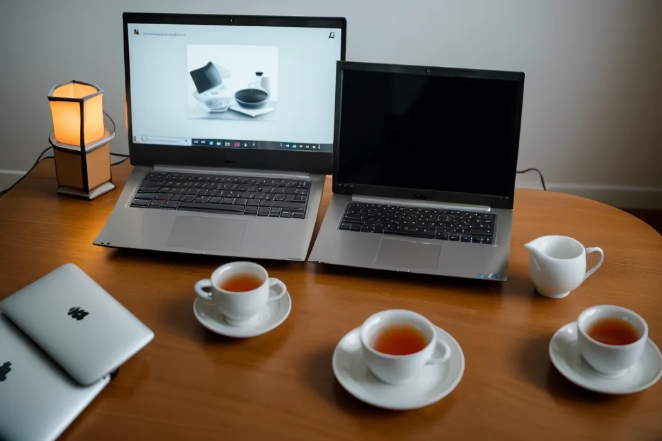 Laptop mit Online-Kurs zur Trotzphase und Tasse Tee – Selbstfürsorge-Moment am Abend