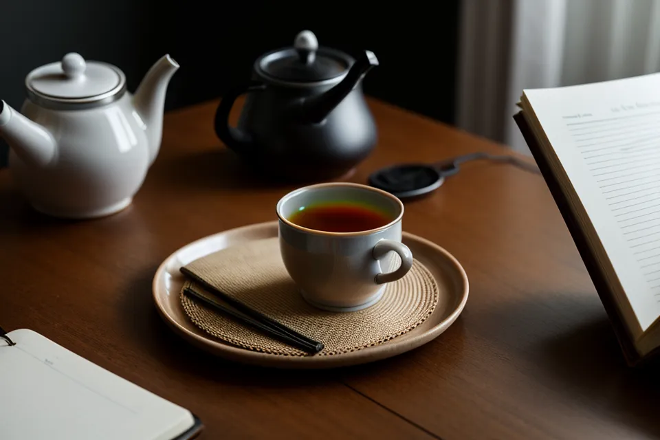 Halbvolle Tasse Tee neben aufgeschlagenem Notizbuch am Abend – Sonntagsreflexion über Konfliktleichtigkeit und Machtkämpfe