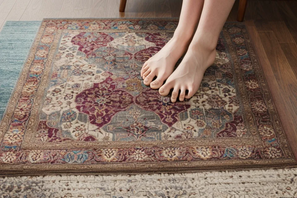 Erwachsenenfüße und Kinderfüße nebeneinander auf einem bunten Teppich – ruhiger Moment mitten in der Trotzphase