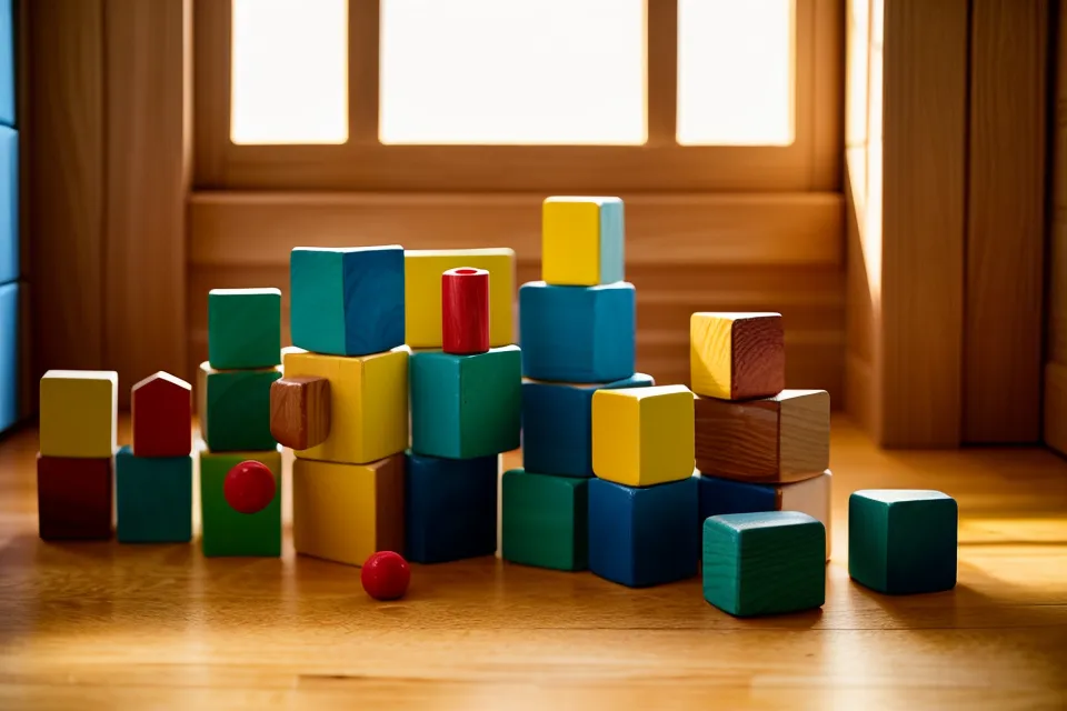 Bunte Spielbausteine auf Holzboden als Sinnbild für einen spielerischen Weg die Autonomiephase zu begleiten