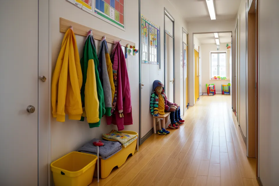Kita-Alltag in der Trotzphase: bunte Kinderjacken und gelbe Gummistiefel im Garderobenflur